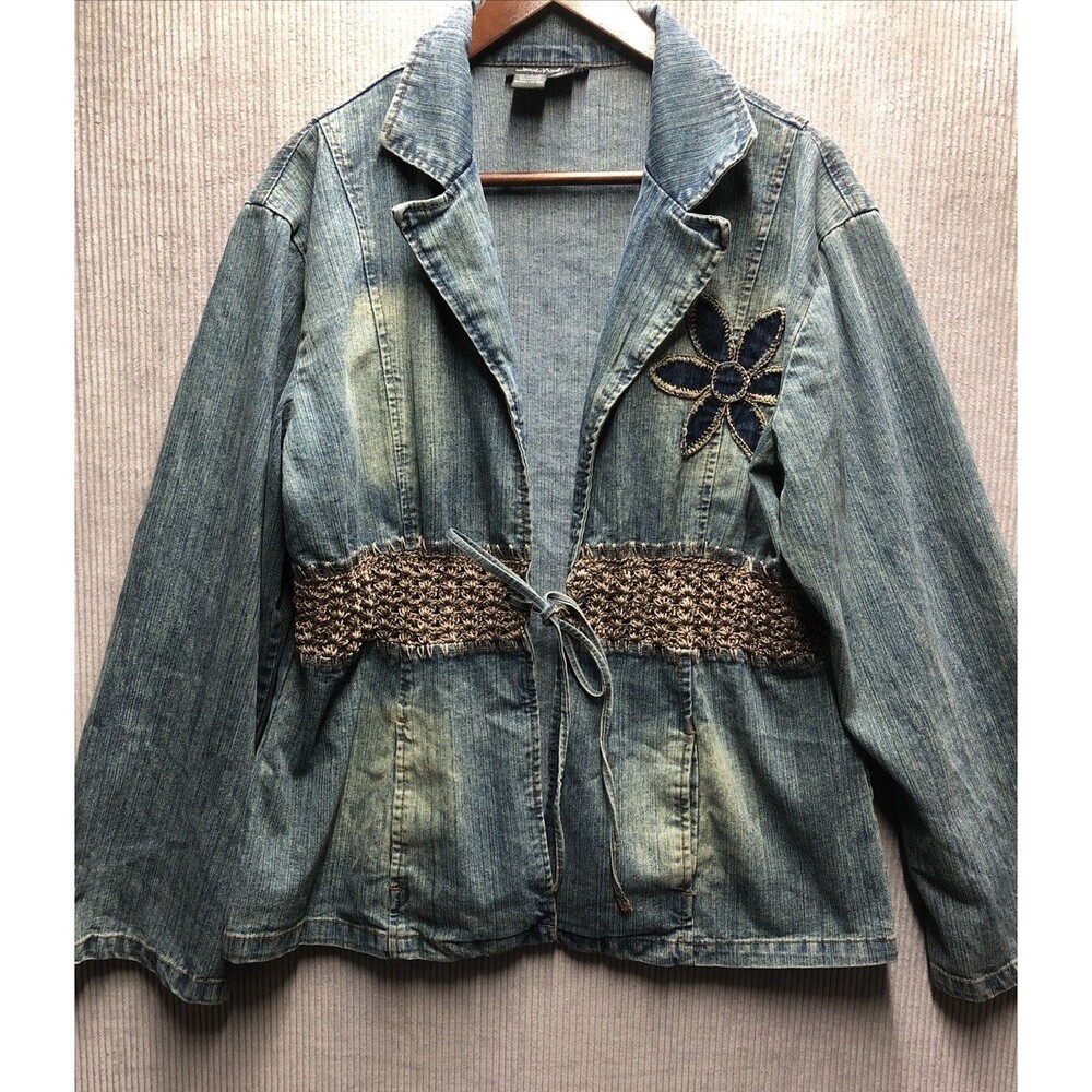 Jamie Nicole Collection Jean Jacket L Blue Yellow Crochet Embroidered Boho
